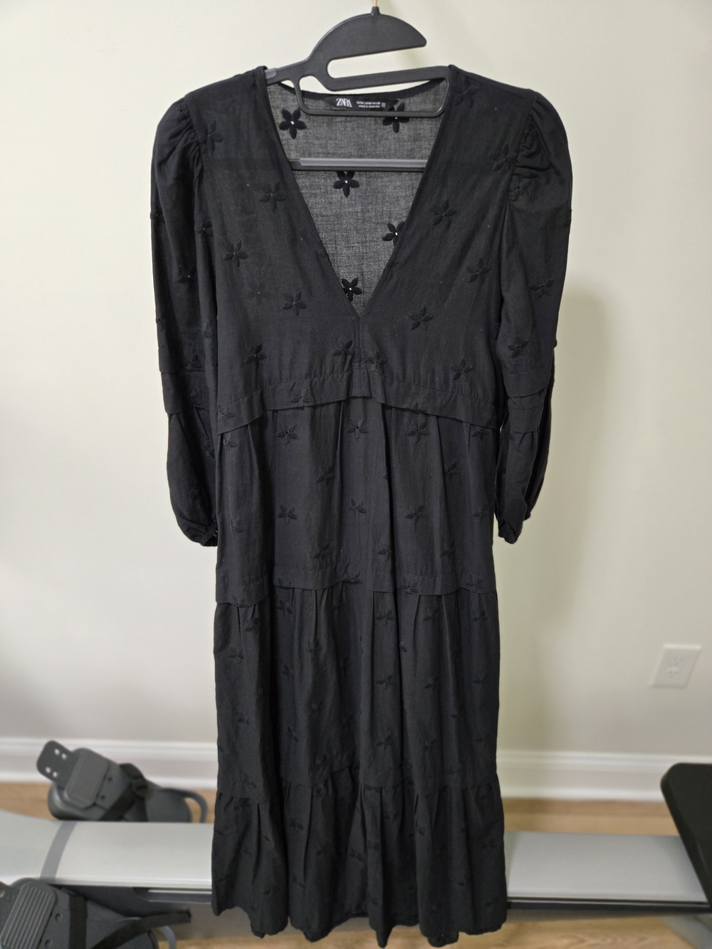 Zara Black Embroidered V-Neck Midi Dress